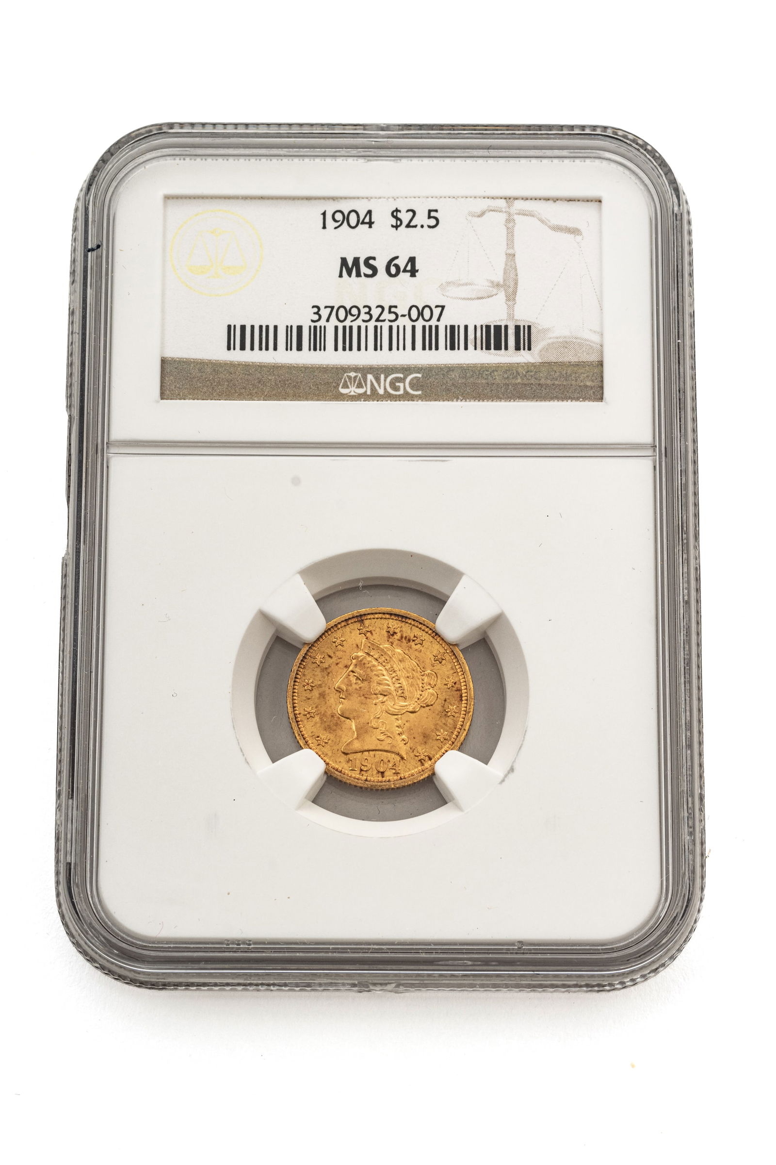 1904 U.S. $2.5 Quarter Eagle Coronet Head Gold Coin, Dia. 0.75" (1 of 2)