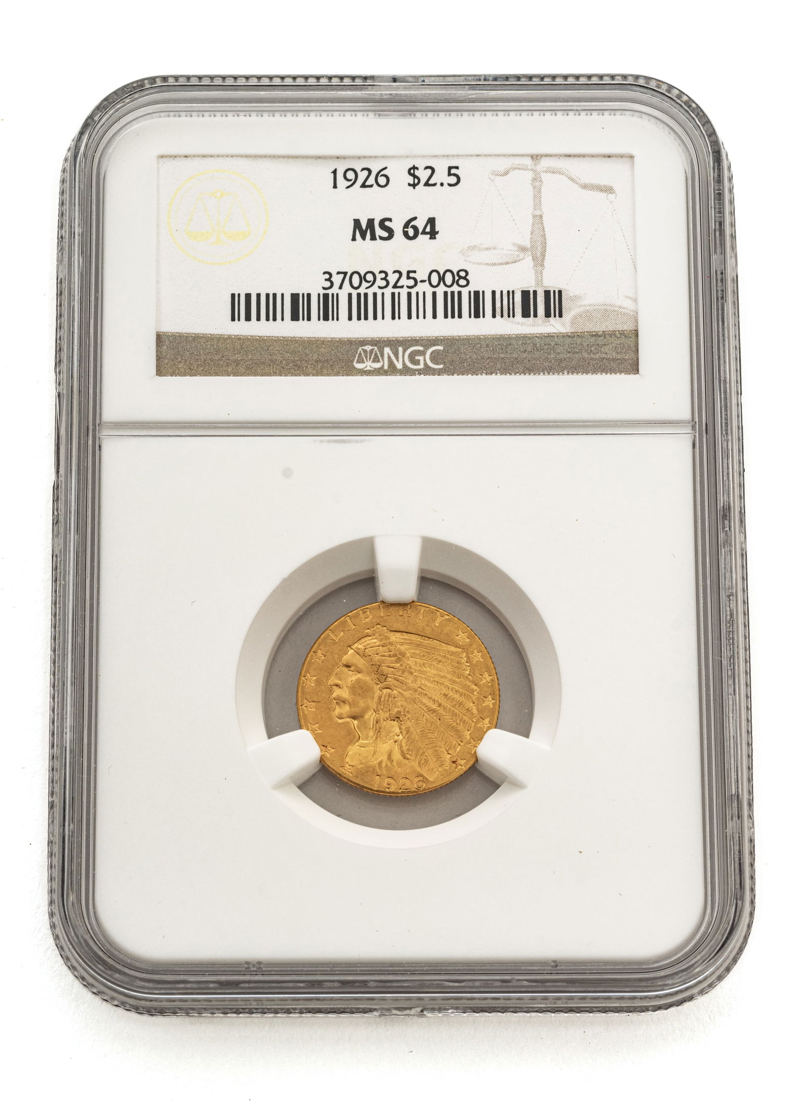 1926 U.S. $2.5 Quarter Indian Head Gold Coin, Dia. 0.75" (1 of 2)