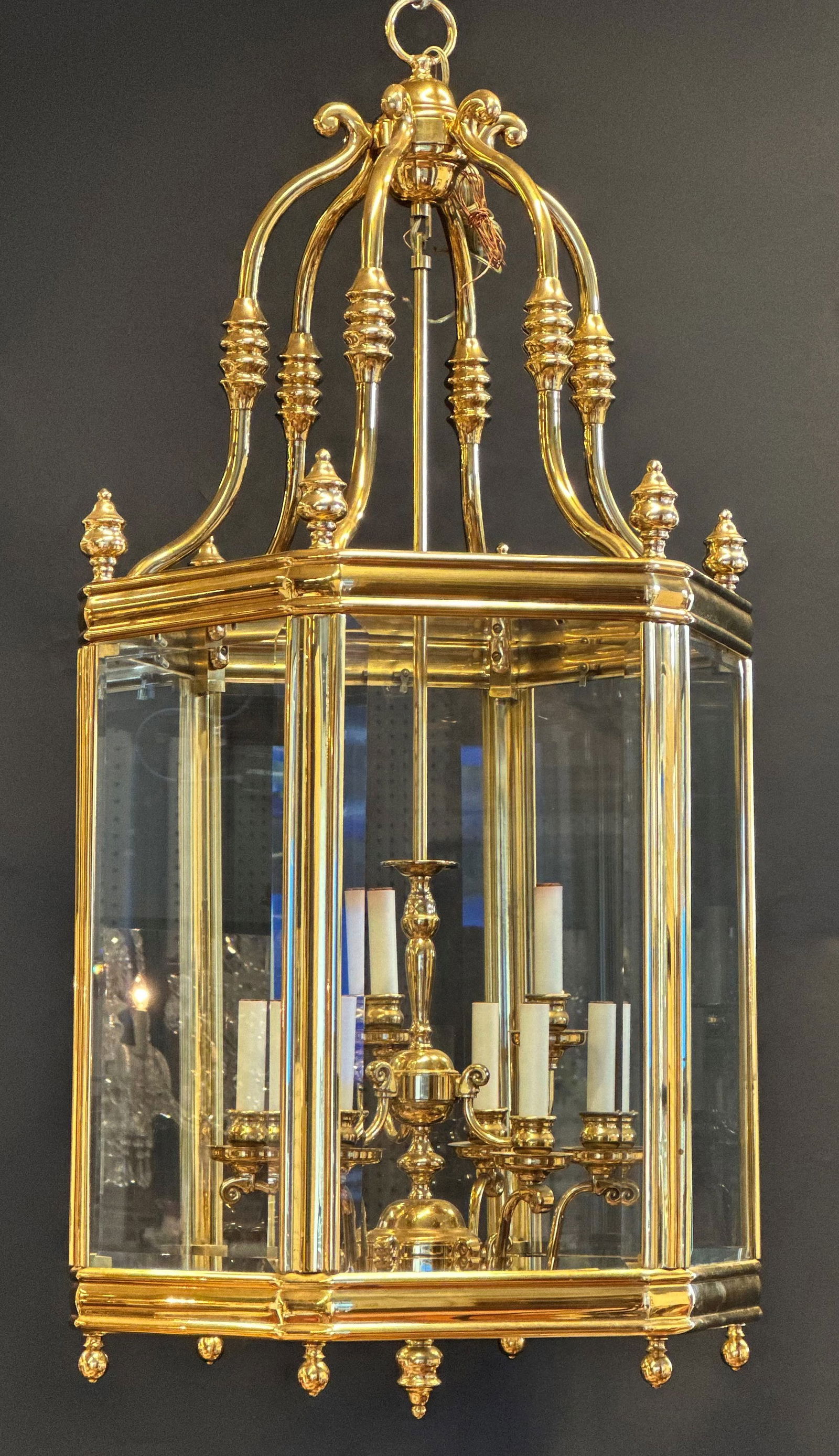 Hexagonal Brass & Glass Paneled 9-light Chandelier, H 48" Dia. 20" (1 of 1)