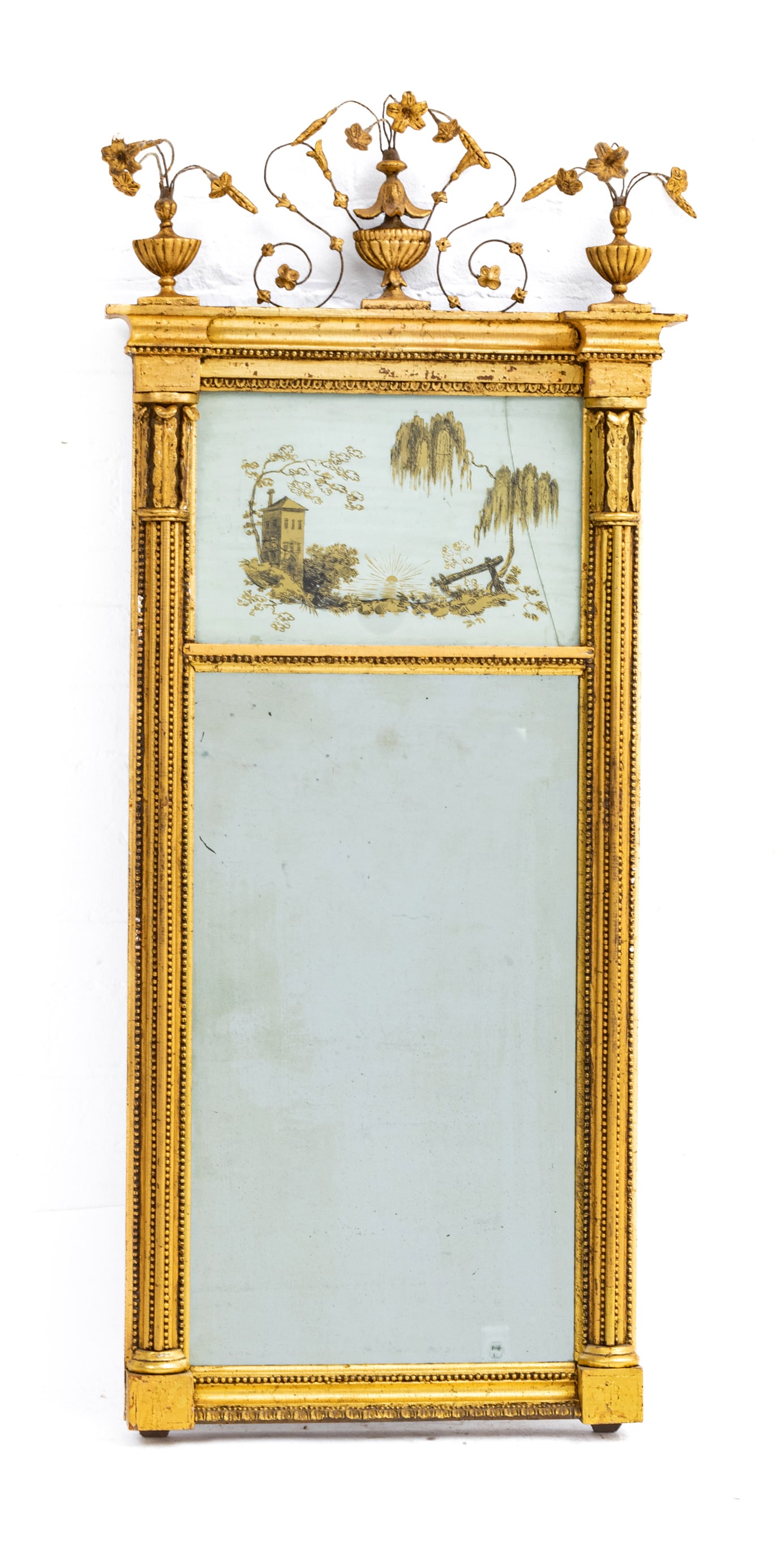 American Federal Gilt Wood Trumeau Mirror, Reverse Painted Panel, Ca. 1820, H 48" W 21.5" (1 of 3)