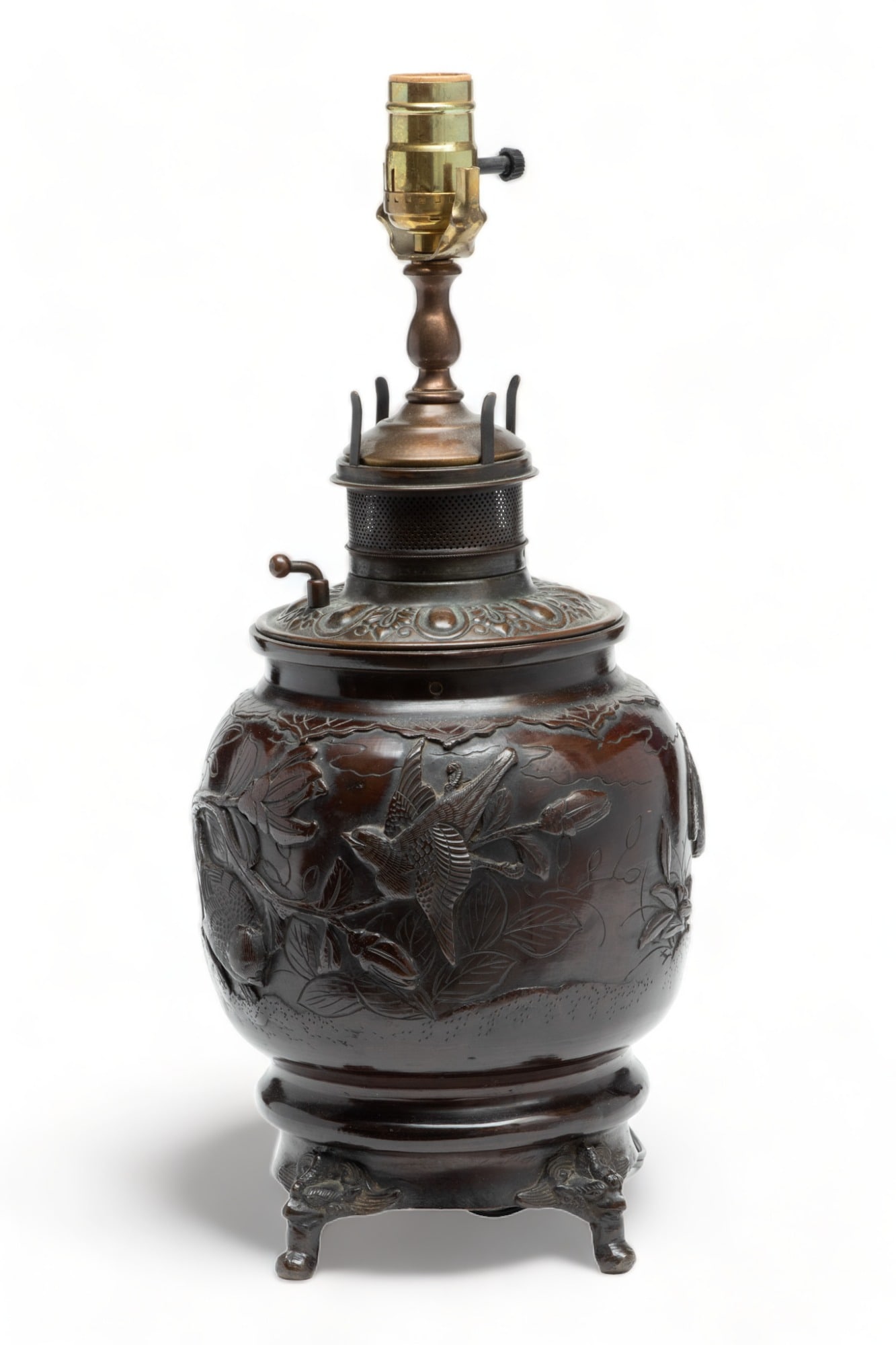 Bronze Oil Lamp, Electrified. "The Meriden" Ca. 1890, H 12" Dia. 7" (1 of 4)