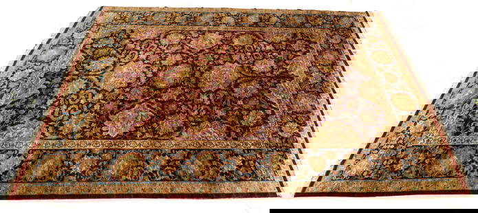 Pakistani Handwoven Wool Rug, Ca. 20th C., W 11' 8'' L 17' 8'': Pakistani Handwoven Wool Rug, Ca. 20th C., W 11' 8'' L 17' 8'' | Burgundy ground, blue border. Large format. All wool. Deep pile.