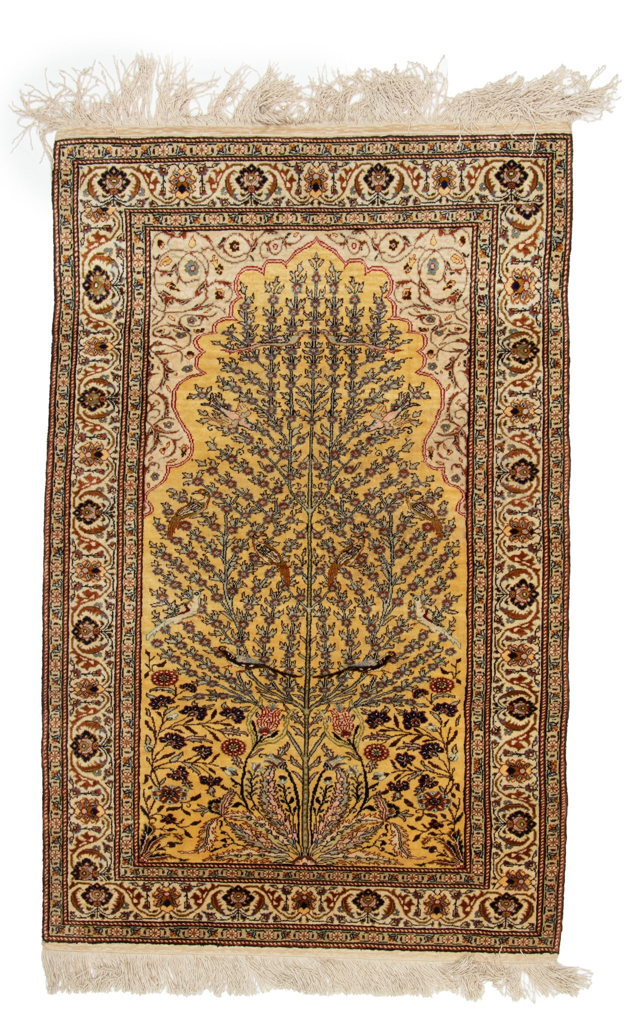Persian Tabriz Handwoven Silk Tree of Life Rug with Bird Motif Ca. 1920, W 2' 3" L 3' 5" (1 of 4)