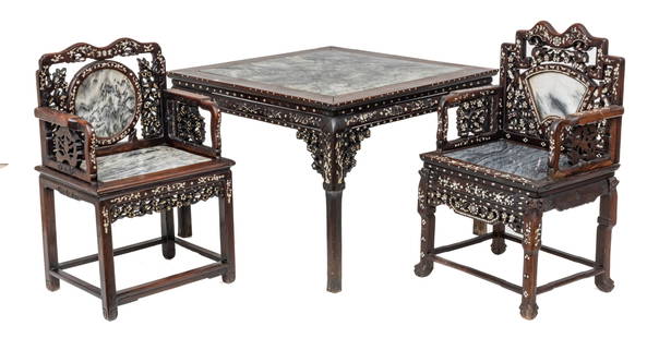 Chinese Rosewood & Marble Table with Chairs, Ca. 1900, H 30" W 41.5" L 41.5": Chinese Rosewood & Marble Table with Chairs, Ca. 1900, H 30" W 41.5" L 41.5" | the table measures H 30" X W 41.5" X L 41.5". the chairs measure H 41" X W 26" X D 18". Circa 1900. Provenance: Property