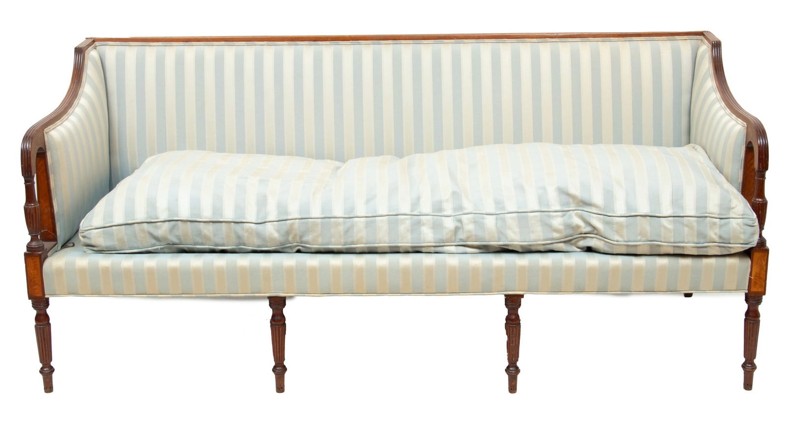 American Sheraton Carved Mahogany And Satinwood Upholstered Sofa, Ca. 1805, H 33.5" W 74" Depth 28" (1 of 3)