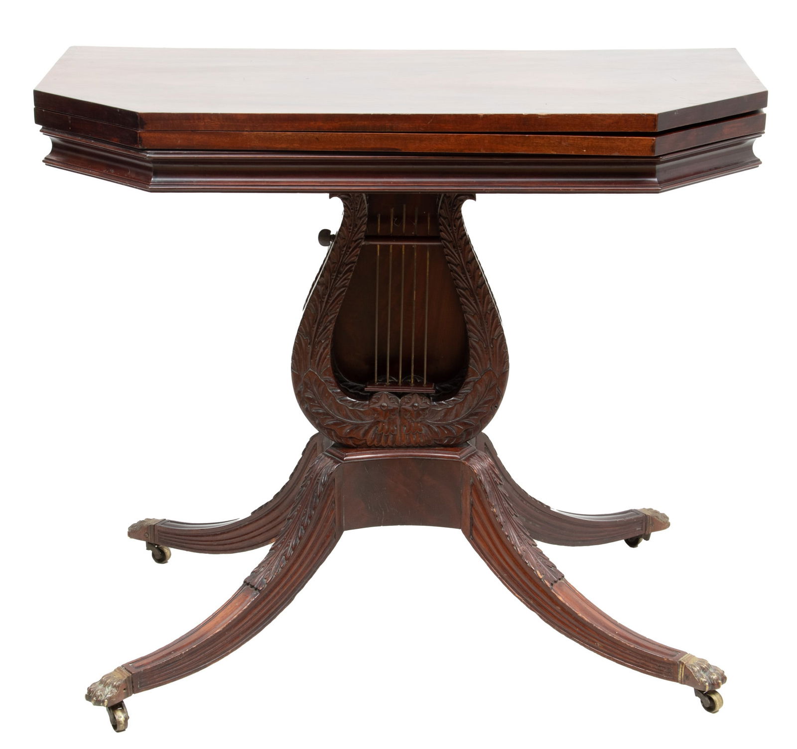 American Federal Mahogany Card Table, Lyre Motif, Ca. 1810, H 28" W 36" Depth 18" (1 of 4)