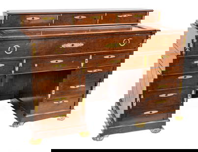 French Second Empire Mahogany And Birdseye Maple Ormolu Mounted Bureau De Campagne Ca. 1850 - 1870,: French Second Empire Mahogany And Birdseye Maple Ormolu Mounted Bureau De Campagne Ca. 1850 - 1870, H 45" W 64" Depth 32" | on campaign style base consisting of two stacked sets of four drawers secure