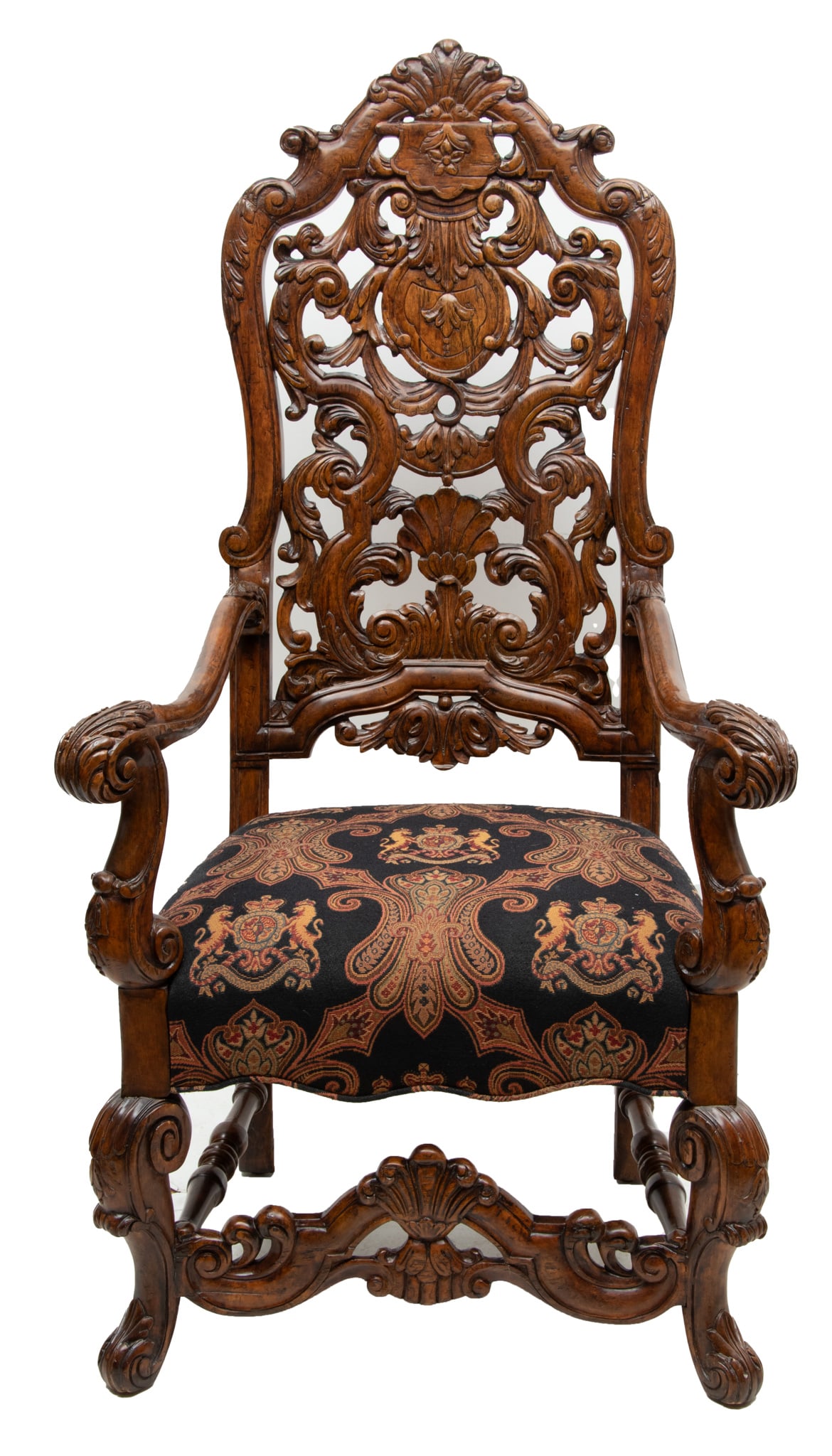 Italian Baroque Style Carved Walnut Highback Armchair, H 54" W 28" Depth 28" (1 of 4)
