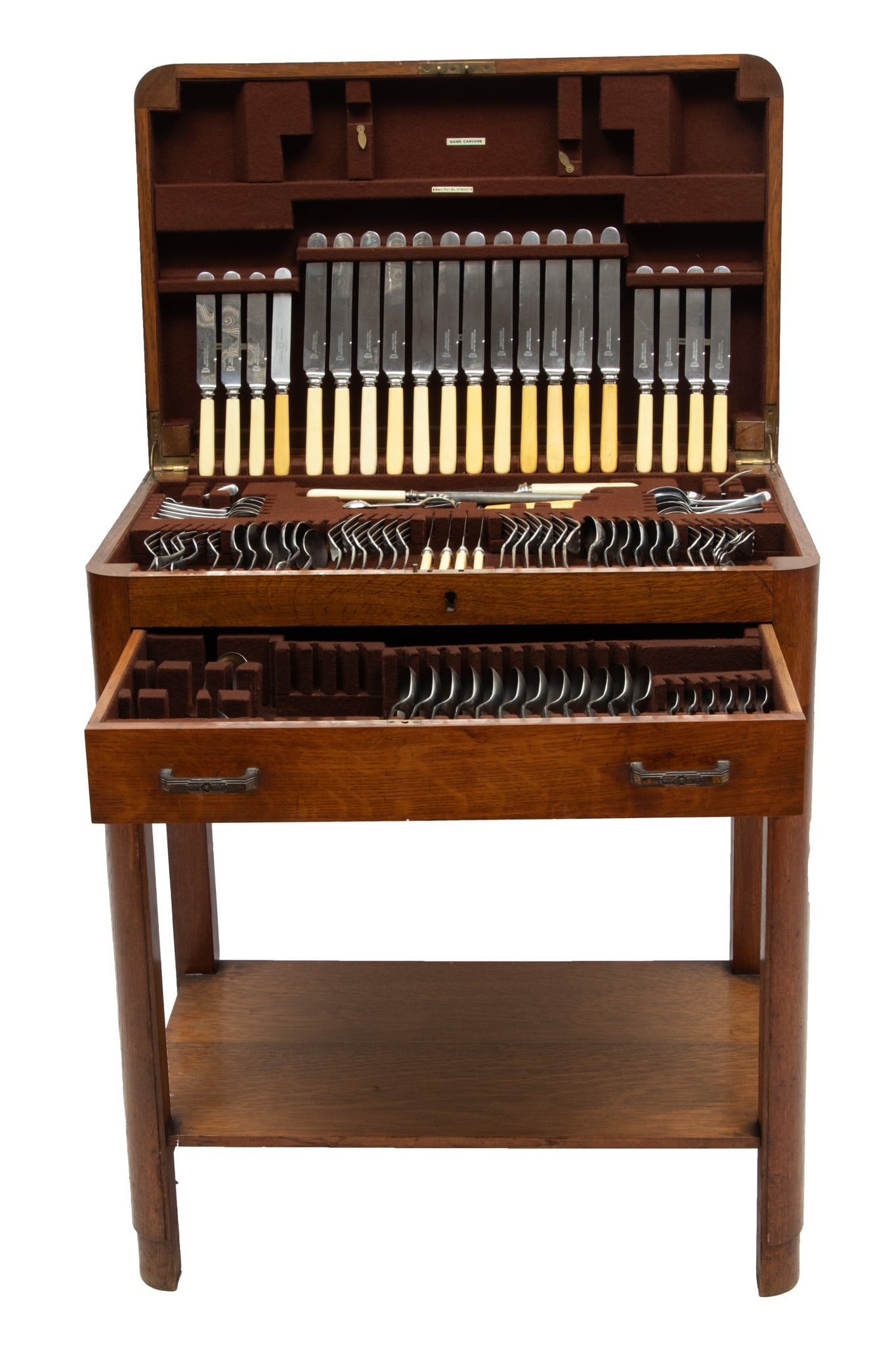 Sheffield (England) "Dura Lustra" Flatware in Oak Chest, Service for 12, H 30" W 25" Depth 16": Sheffield (England) "Dura Lustra" Flatware in Oak Chest, Service for 12, H 30" W 25" Depth 16" | Impressed"Dura Lustra and Firth Staverite". the flatware includes 12 dinner knives (L 9"), 12 dessert k