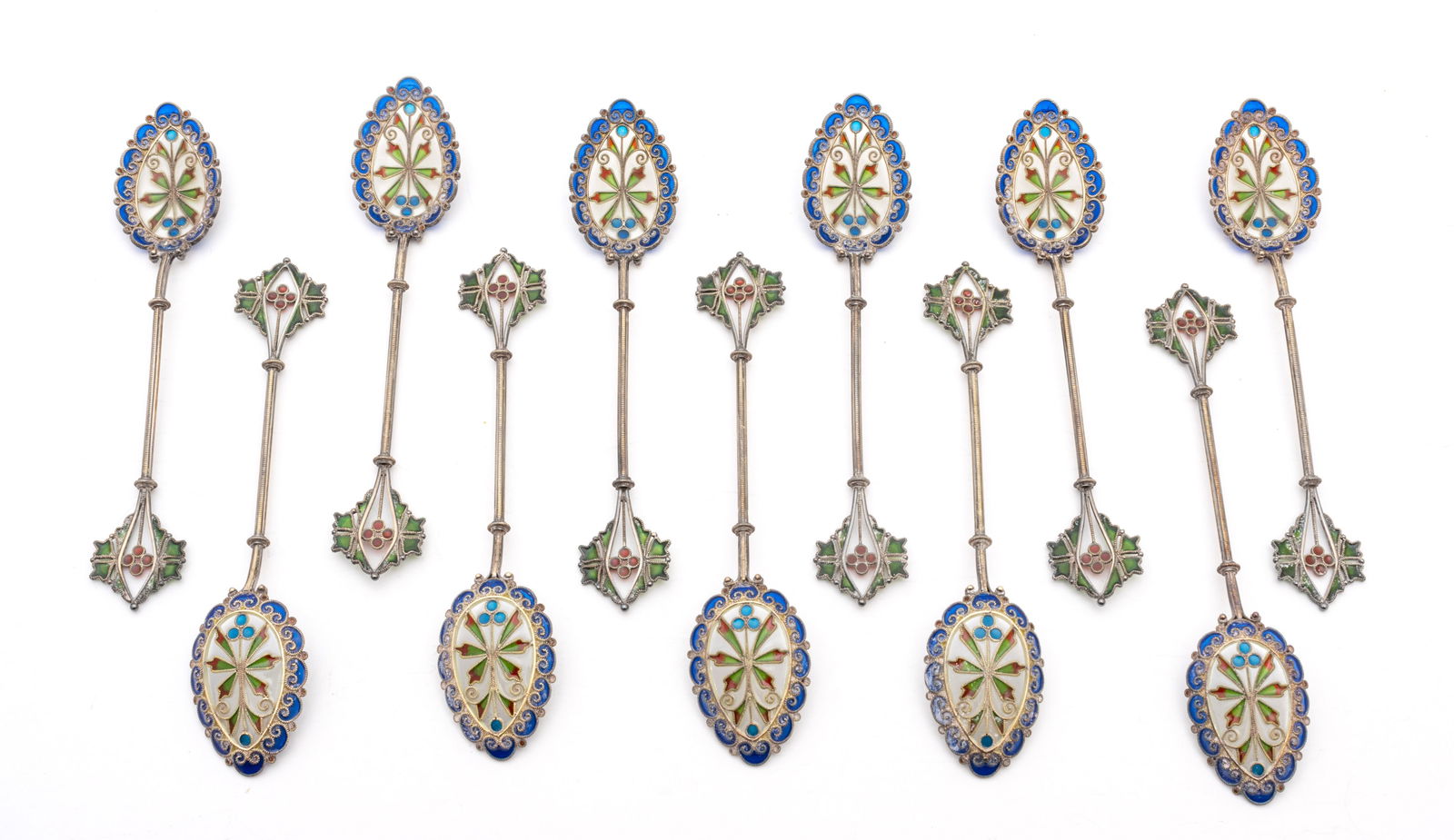 Danish Plique a Jour Enamel And Sterling Silver Demi Tasse Spoons L 4.6" 3.05t oz 12 pcs (1 of 4)