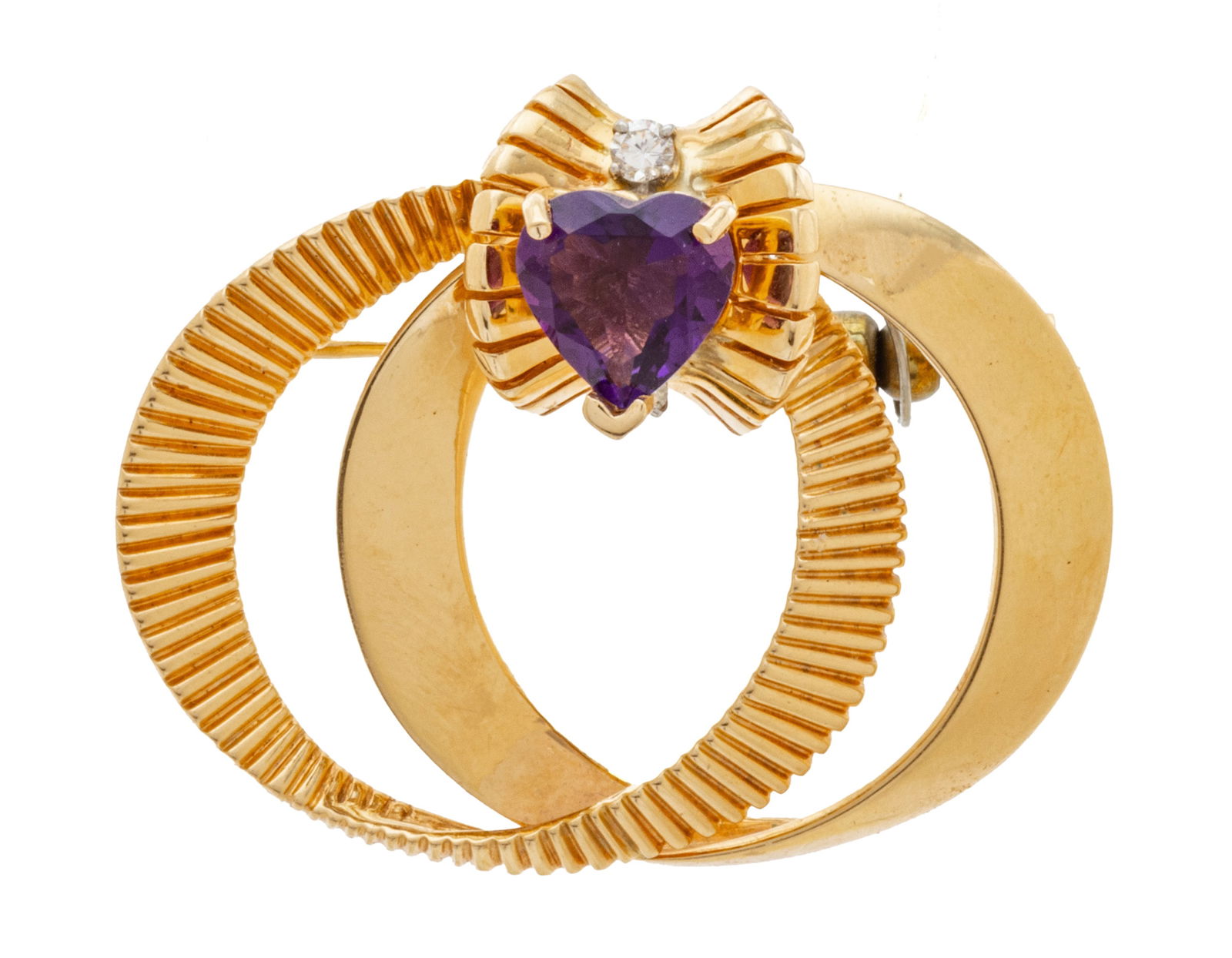 14K Yellow Gold Brooch, Amethyst Heart, Diamonds 14.9g (1 of 6)