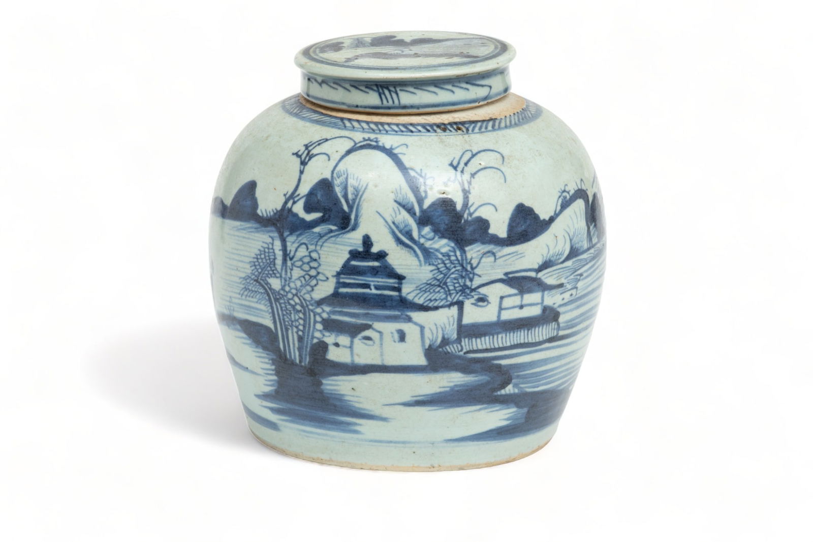 Chinese Blue & White Porcelain Covered Ginger Jar, 19th Century, H 9" Dia. 8.5": Chinese Blue & White Porcelain Covered Ginger Jar, 19th Century, H 9" Dia. 8.5" | the covered jar offers painted motifs of vast landscapes and fishermen. No maker's marks of calligraphic marks observe