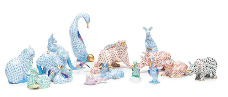 Herend (Hungarian) Fishnet Porcelain Animal Figurines, H 7.5" 16 pcs: Herend (Hungarian) Fishnet Porcelain Animal Figurines, H 7.5" 16 pcs | Measurements of the figurines range from H 2.5"-7.5" X W .5"-5". Each bearing signature branding to the undersides.