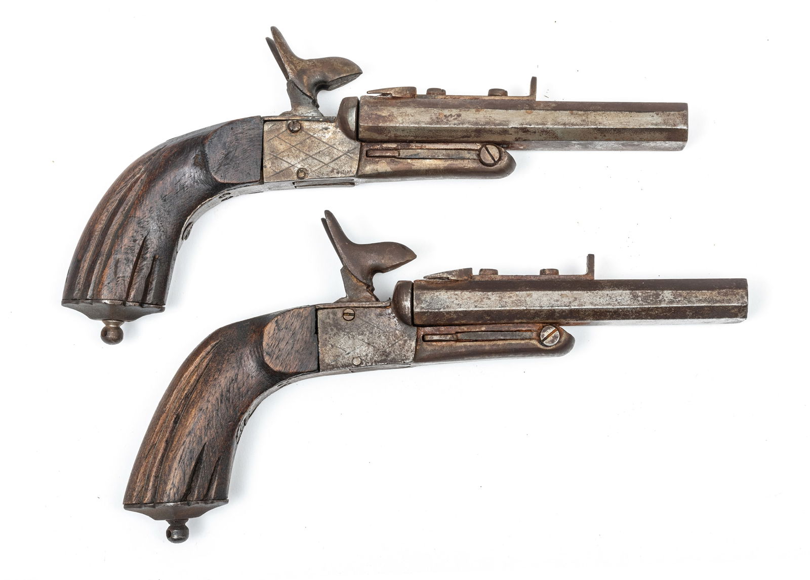 French Style Double Barrel Pin-fire Pistols, Ca. Mid 19th C., L 8.7" 1 Pair (1 of 7)