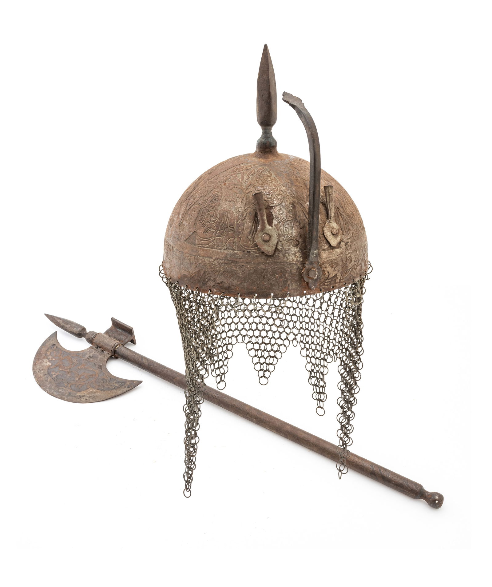 Indo-Persian Kulah-Khud Helmet And Ceremonial Axe, Ca. 18th.c., L 27" Depth 6.5" 2 pcs (1 of 14)