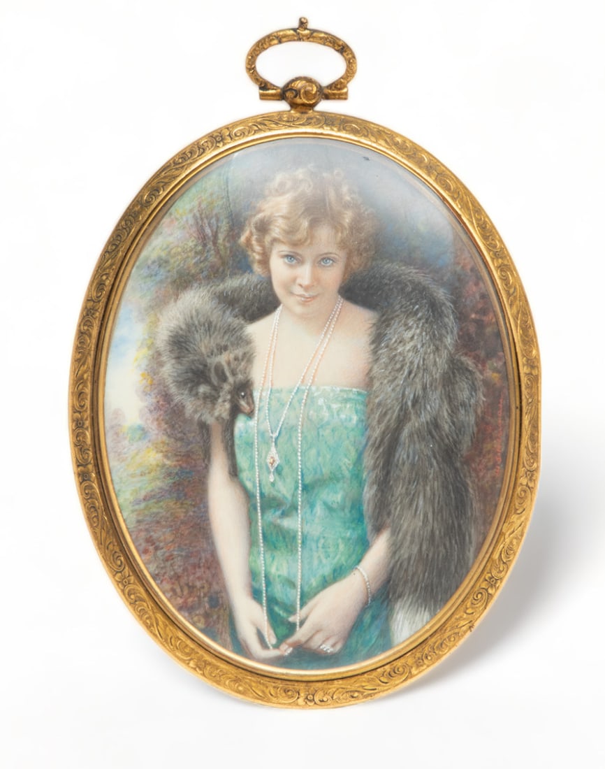 Hand Painted Society Watercolor Portrait, Lady with Fox Fur Stole Ca. 1920, H 4" W 3" (1 of 2)