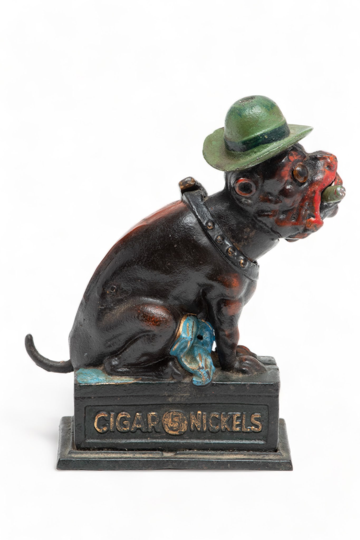 Cast Iron Mecchanical Bank, Bulldog Smoking Cigar "Ole Puffer" Ca. 1900, H 8.7": Cast Iron Mecchanical Bank, Bulldog Smoking Cigar "Ole Puffer" Ca. 1900, H 8.7" | Cigar 5 nickels. Mouth opens. Provenance: From the Estate of Prominent Collector, Leon Zielinski, Macomb County, MI