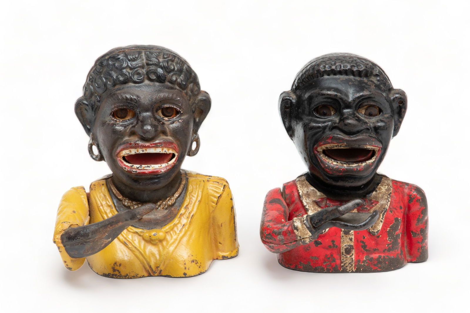 Cast Iron Mechanical Black Americana Banks, Man And Lady Ca. 1900, H 6.5" W 5" 2 pcs (1 of 5)