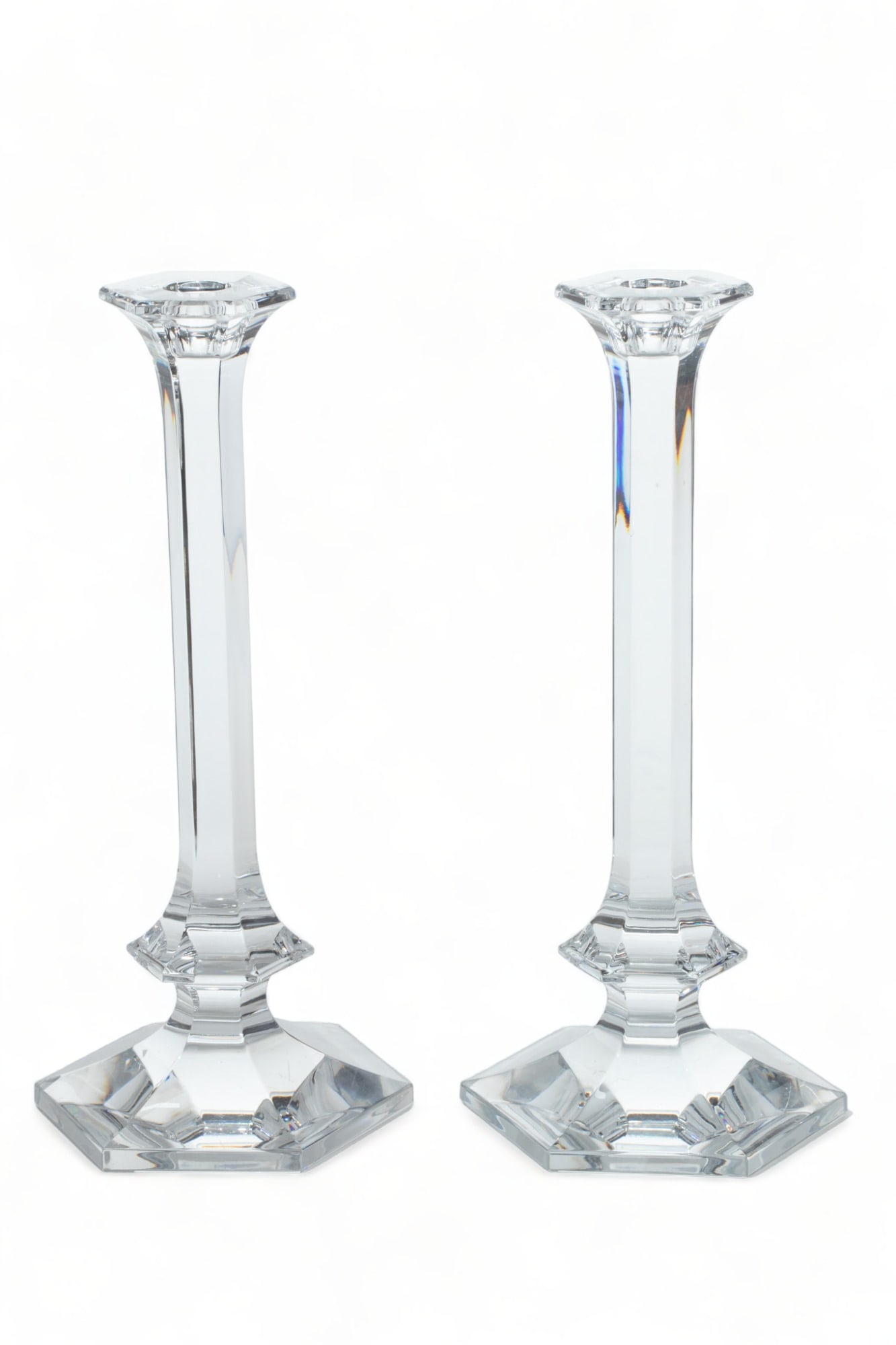 Val Lambert Crystal Candlesticks H 11" W 5" 1 Pair: Val Lambert Crystal Candlesticks H 11" W 5" 1 Pair | Signed Val. Saint-Lambert Colorless Tall candlesticks hand blown in Belgium.