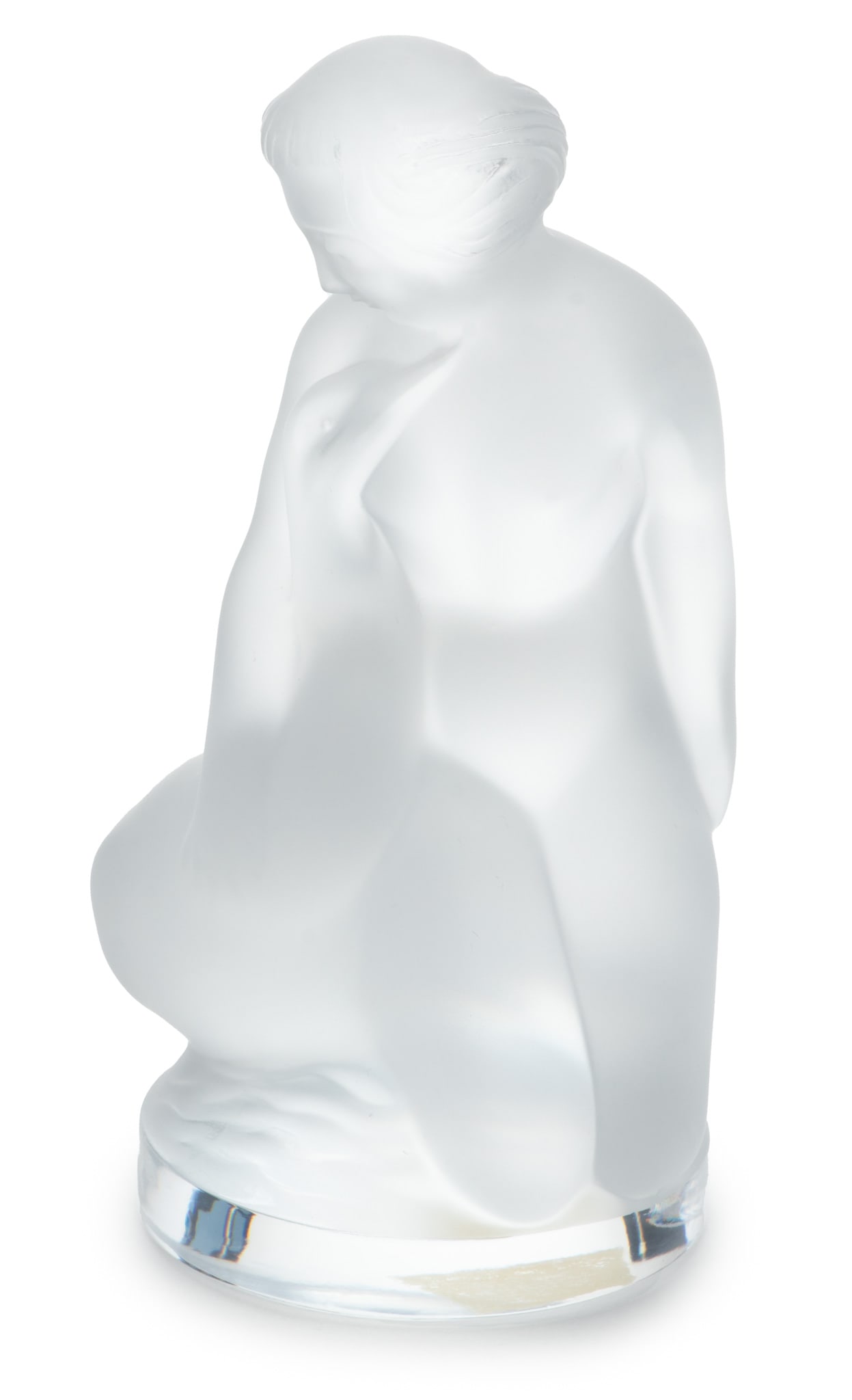 Lalique (French) 'Leda And the Swan' Frosted Crystal Figurine, H 4.5" W 2.5" L 2.5": Lalique (French) 'Leda And the Swan' Frosted Crystal Figurine, H 4.5" W 2.5" L 2.5" | Depicting Leda kneeling and embracing the swan. Bearing signature branding incised to the underside.