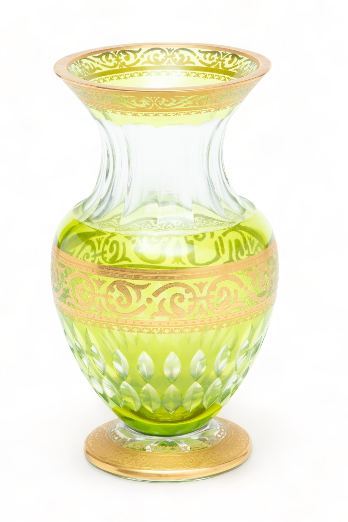 Compagnie Des Cristalleries De Saint Louis (French) Green to Clear Crystal And Fire Gold Vase, H: Compagnie Des Cristalleries De Saint Louis (French) Green to Clear Crystal And Fire Gold Vase, H 9.5" Dia. 5.5" | Having fired gold and scrolling designs.