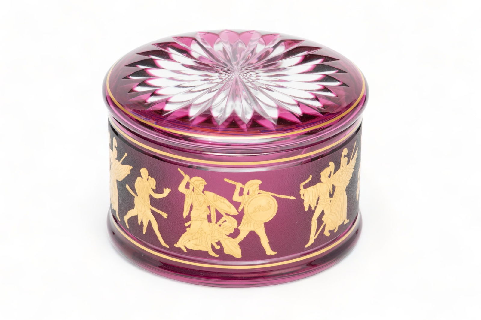 Val Saint-Lambert Crystal Crystal Covered Box, H 5" Dia. 3": Val Saint-Lambert Crystal Crystal Covered Box, H 5" Dia. 3" | Having purple color with gilt band with greek battle scenes.