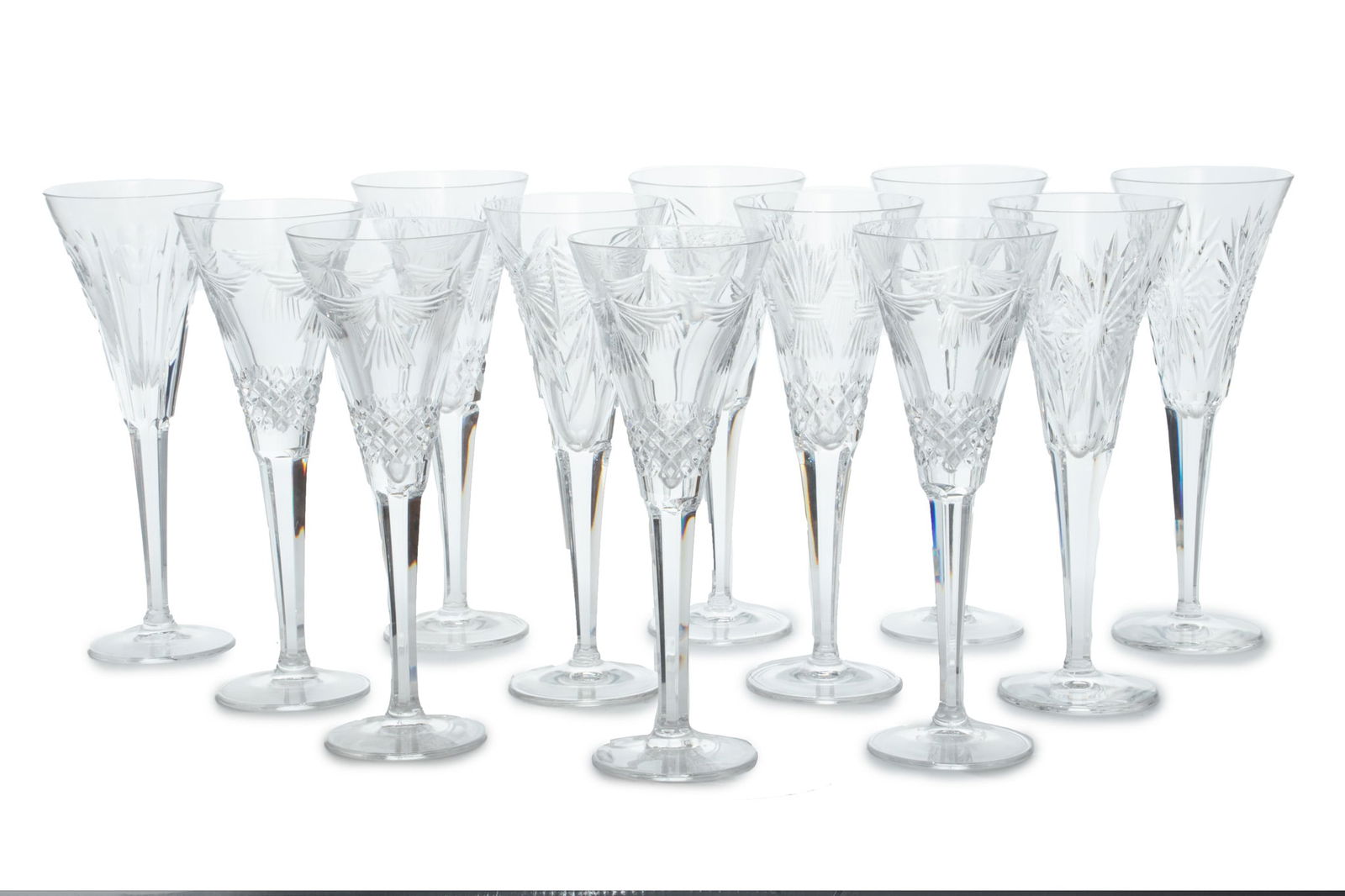 Waterford (Irish, B. 1783) 'Millennium' Fluted Champagne Glasses, H 9" Dia. 3.5" 12 pcs (1 of 7)