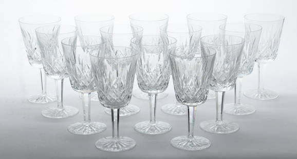 Waterford (Irish, B. 1783) 'Lismore' Water Goblets, H 7" Dia. 3.5" 14 pcs: Waterford (Irish, B. 1783) 'Lismore' Water Goblets, H 7" Dia. 3.5" 14 pcs | Each bearing signature branding to the underside.