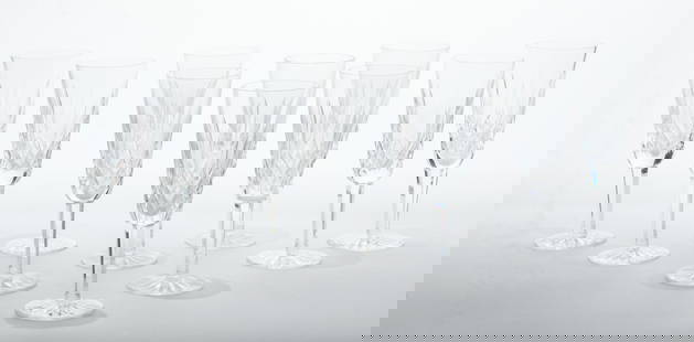 Waterford (Irish, B. 1783) 'Lismore' Fluted Champagne Glasses, H 7.25" Dia. 2.5" 10 pcs: Waterford (Irish, B. 1783) 'Lismore' Fluted Champagne Glasses, H 7.25" Dia. 2.5" 10 pcs | Each bearing signature branding to the undersides. Set of ten.