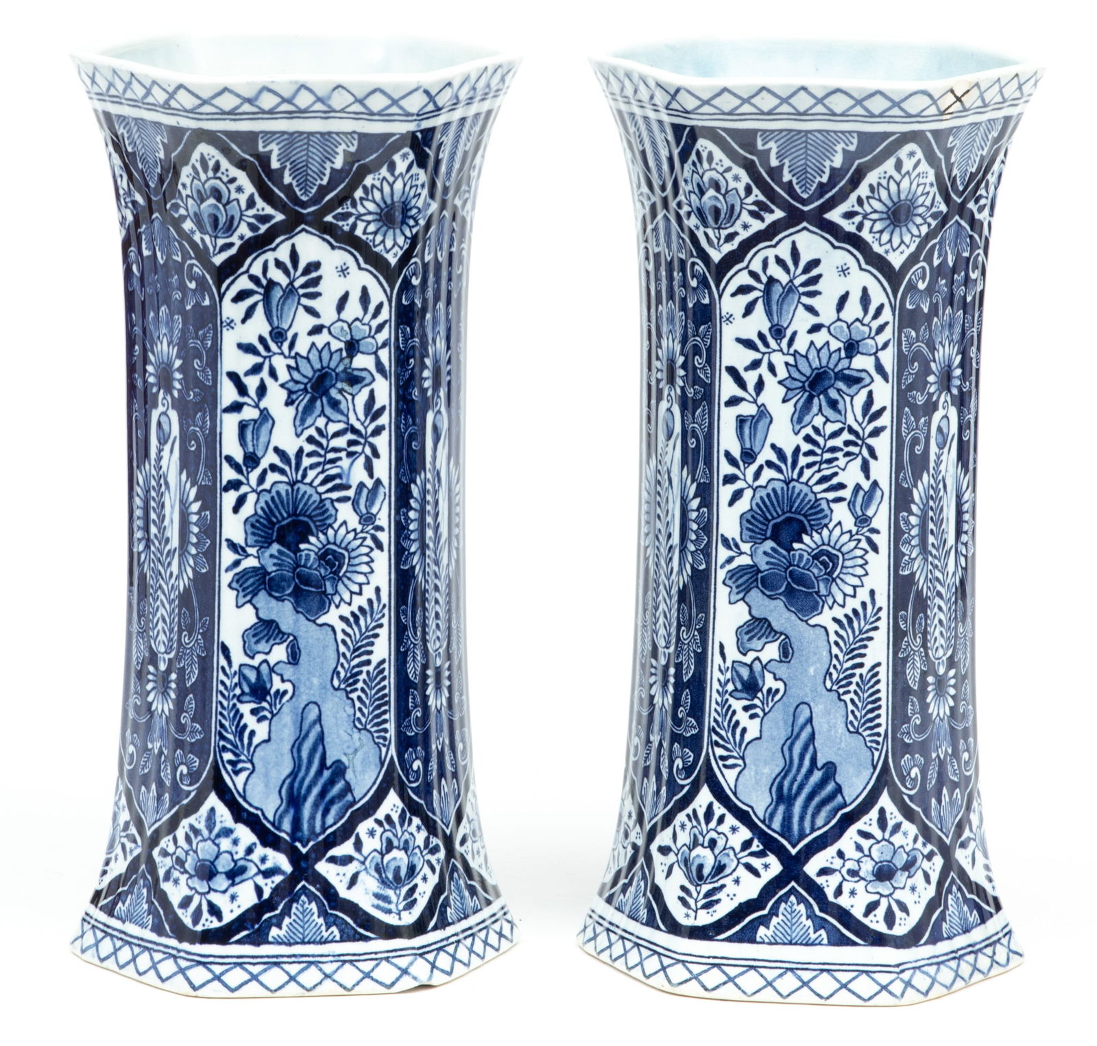 Delft Porcelain Hexagonal Vases, Ca. 1960, H 11" W 5" 1 Pair (1 of 5)