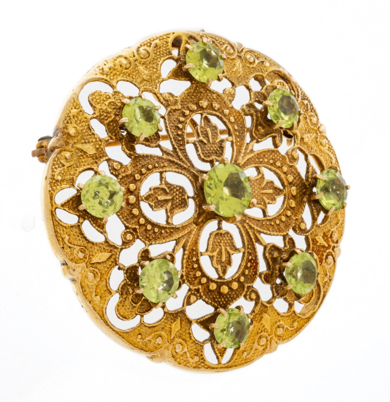 14 K Yellow Gold And Peridot Pendant - Brooch Ca. 1930, Dia. 1.5" 12.9g (1 of 5)