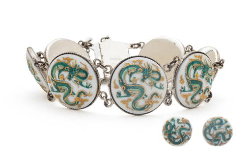 Japanese Sterling And Porcelain Bracelet And Earrings L 7" 32.2g 3 pcs: Japanese Sterling And Porcelain Bracelet And Earrings L 7" 32.2g 3 pcs | 7 hand painted porcelain discs with raised gold and green serpent design. Purchased in Japan circa 1970. Stamped sterling and T