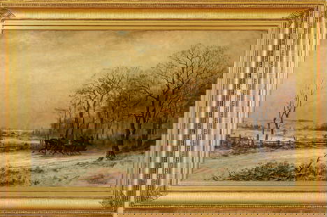 James Brade Sword (American, 1839-1915) Oil on Canvas, Ca. 1880, "The Sleigh Ride", H 30" W 50": James Brade Sword (American, 1839-1915) Oil on Canvas, Ca. 1880, "The Sleigh Ride", H 30" W 50" | Signed and dated in the lower right. Depicting a two-horse sleigh speeding through a rural winter land