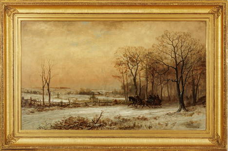 James Brade Sword (American, 1839-1915) Oil on Canvas, Ca. 1880, "The Sleigh Ride", H 30" W 50": James Brade Sword (American, 1839-1915) Oil on Canvas, Ca. 1880, "The Sleigh Ride", H 30" W 50" | Signed and dated in the lower right. Depicting a two-horse sleigh speeding through a rural winter land