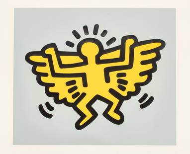 Keith Haring (American, 1958-1990) Silkscreen in Colors with Embossing on Arches Cover Paper, 1990,: Keith Haring (American, 1958-1990) Silkscreen in Colors with Embossing on Arches Cover Paper, 1990, Winged Angel, from Icons, H 23" W 27" | a working proof on watermarked Arches paper outside the edit