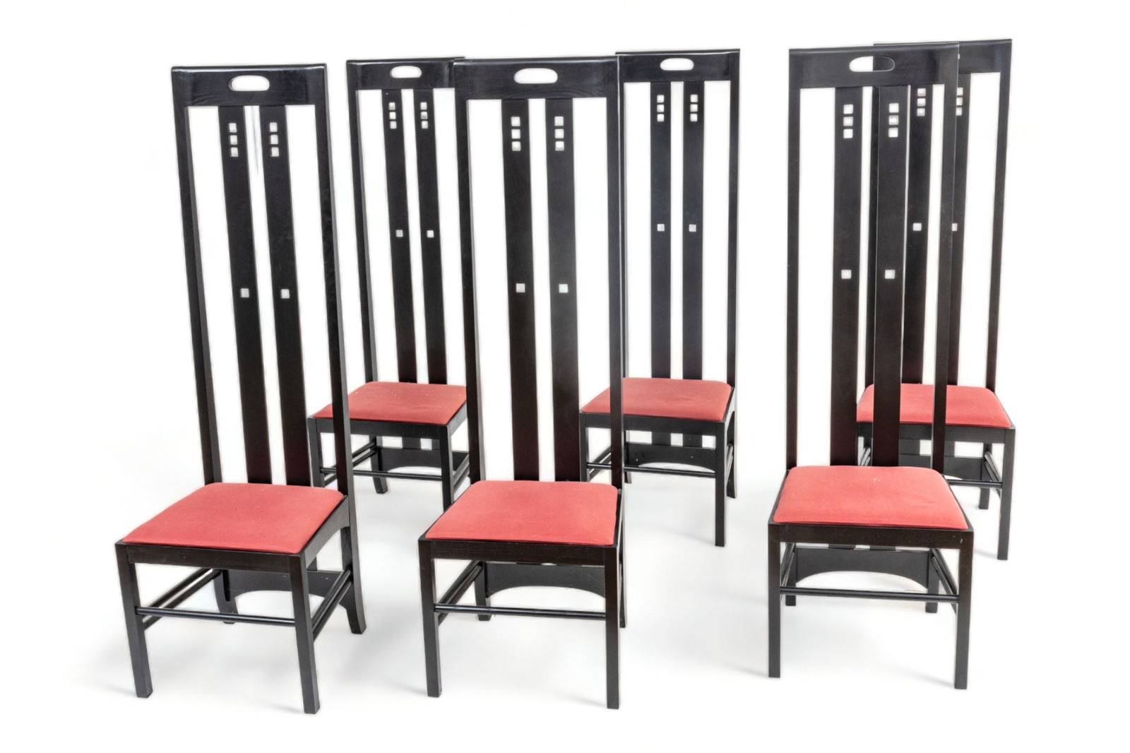 Charles Rennie Mackintosh Ebonized Wood Highback Dining Chairs, H 59" W 18.5" Depth 17" 6 pcs (1 of 6)