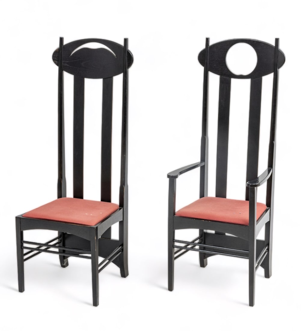 Charles Rennie Mackintosh 'Sun' Armchair & 'Moon' Chair, Ebonized Wood, H 54" W 19" Depth 18" 2 pcs (1 of 5)