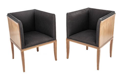 Eliel Saarinen (American) Lacquer Maple Arm Chairs, H 32" W 25" Depth 21" 2 pcs: Eliel Saarinen (American) Lacquer Maple Arm Chairs, H 32" W 25" Depth 21" 2 pcs | Each with pinstripe upholstery accented with nail head trim. the maple marquetry offers repetitious Arts & Crafts era