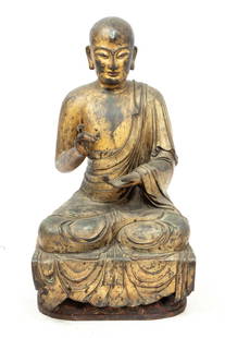Chinese Ming Dynasty (1368-1644) Style Gilt Bronze Sculpture, Early 19th C., "Dharma Chakra Buddha",: Chinese Ming Dynasty (1368-1644) Style Gilt Bronze Sculpture, Early 19th C., "Dharma Chakra Buddha", H 31" W 17" Depth 14" | Gilt bronze sculpture depicting the Buddha in the teaching pose. Unsigned.