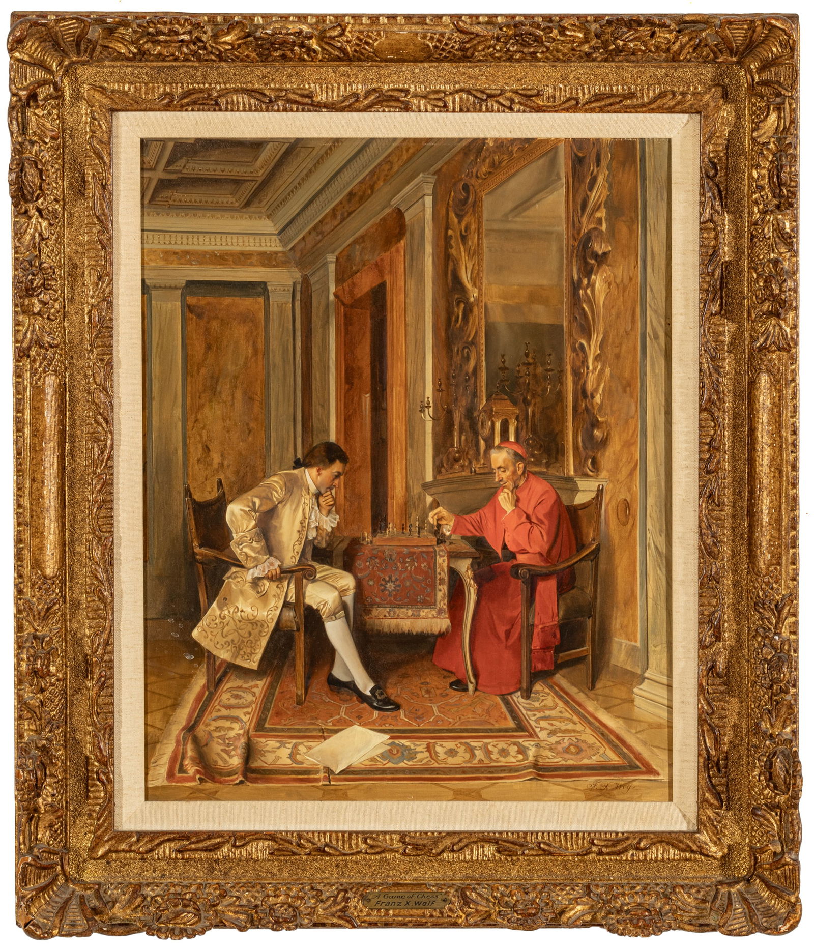 Franz Xaver Wolf (Austrian, 1896-1990) Oil on Panel, "a Game of Chess", H 19.75" W 15.75" (1 of 7)