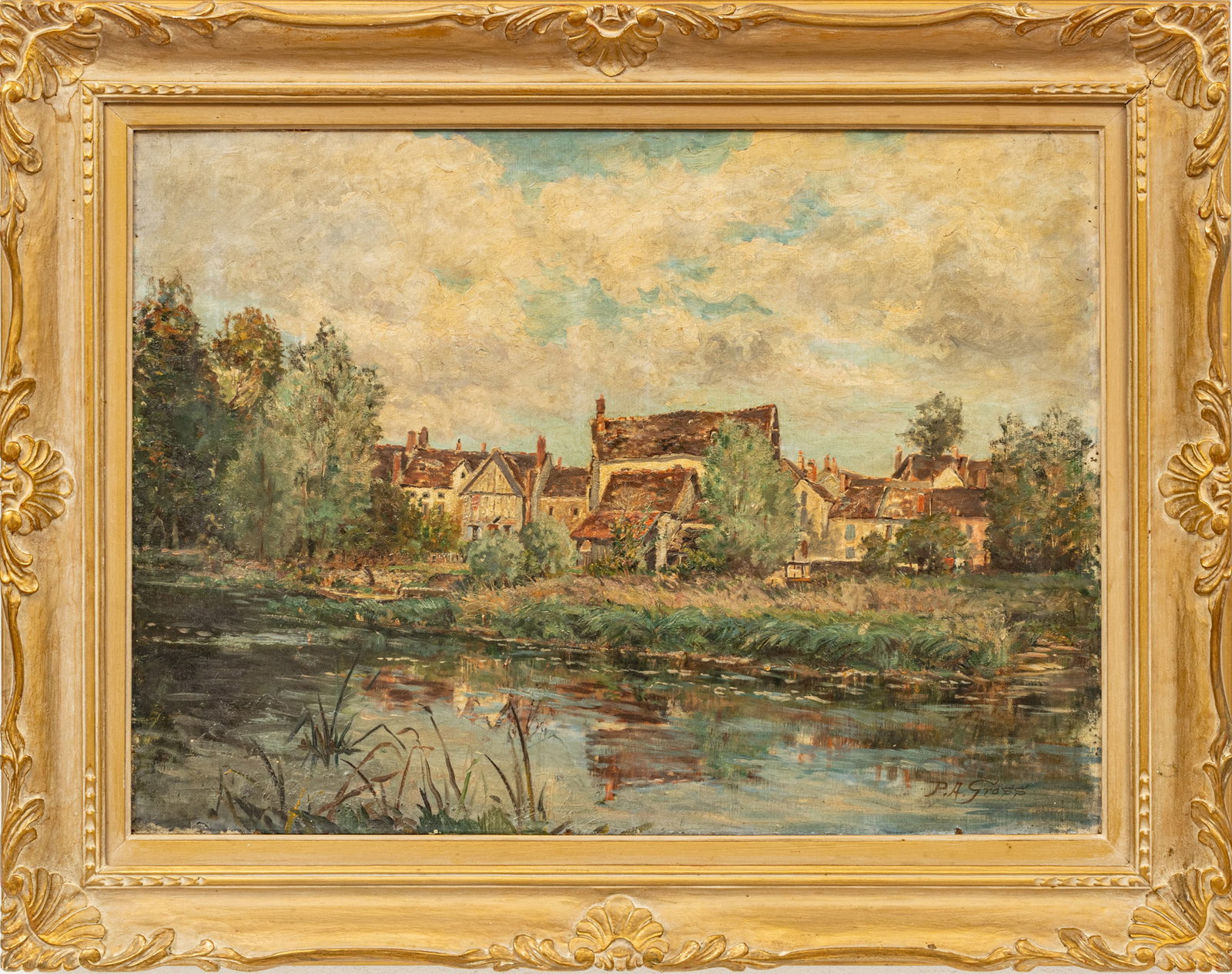 Peter Alfred Gross, (Amer., 1849-1914) Oil on Canvas Landscape with Pond, H 20" W 27": Peter Alfred Gross, (Amer., 1849-1914) Oil on Canvas Landscape with Pond, H 20" W 27" | Signed lower right. Carved wood frame 26" X 33". Gross was born in Allentown, Pennsylvania and spent much time i