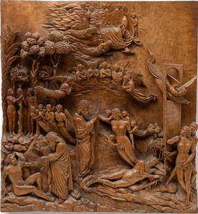 After Lorenzo Ghiberti (Italian, 1378-1455) Carved Oak Relief Plaque, "The Creation of Adam And: After Lorenzo Ghiberti (Italian, 1378-1455) Carved Oak Relief Plaque, "The Creation of Adam And Eve", H 31" W 29.25" | Creation of Adam and Eve, the Fall and the Expulsion from Paradise. a bronze pane