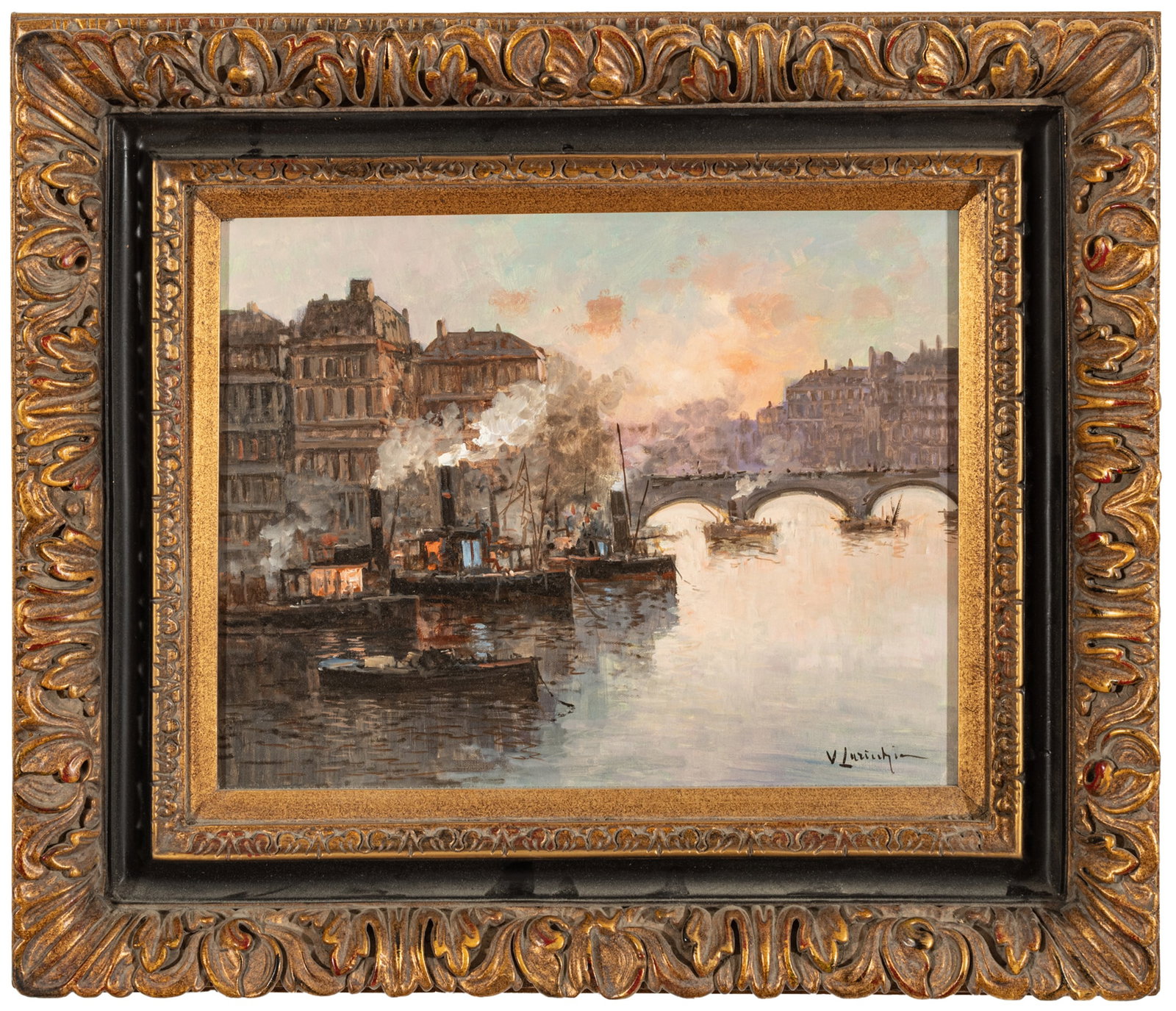 Vincenzo Laricchia (Italy, 1888-1990) Signed Oil on Canvas, "Paris Along the Seine", H 16" W 20": Vincenzo Laricchia (Italy, 1888-1990) Signed Oil on Canvas, "Paris Along the Seine", H 16" W 20" | Signed to the lower right. Provenance: From the Estate of Prominent Collector, Leon Zielinski, Macomb