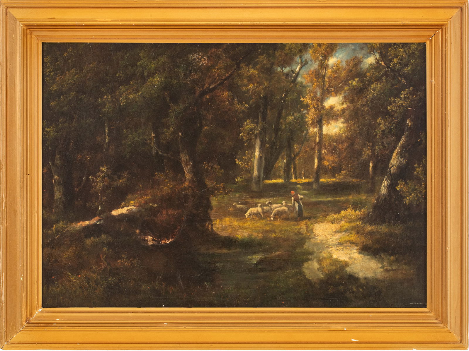 Barbizon Oil on Canvas, Ca. 19th.c., Shepherdess in a Barbizon Forest, H 20" W 28" (1 of 5)