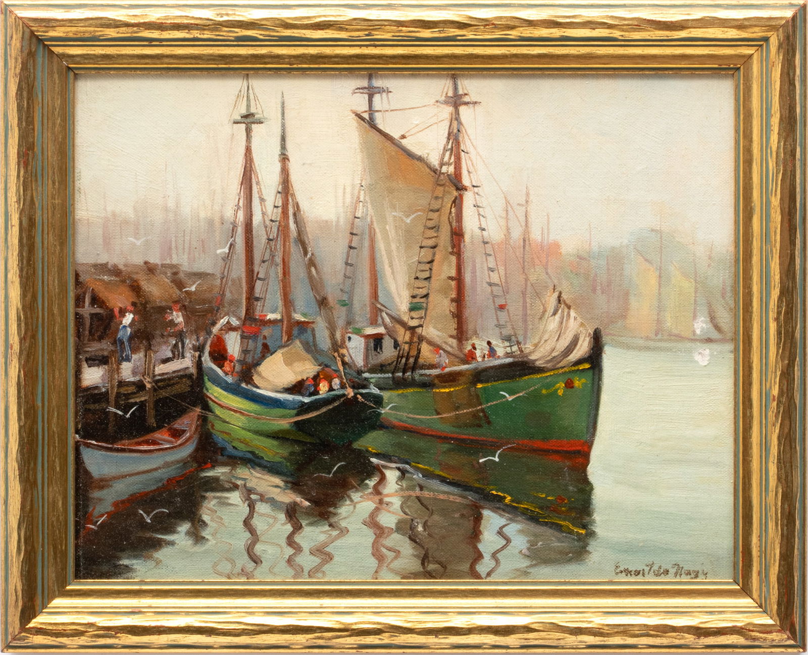 Ernest De Nagy (American, 1881-1952) Oil on Artist Board, 1940, "Sail Boats at Dock, Ogunquit, ME.", (1 of 5)