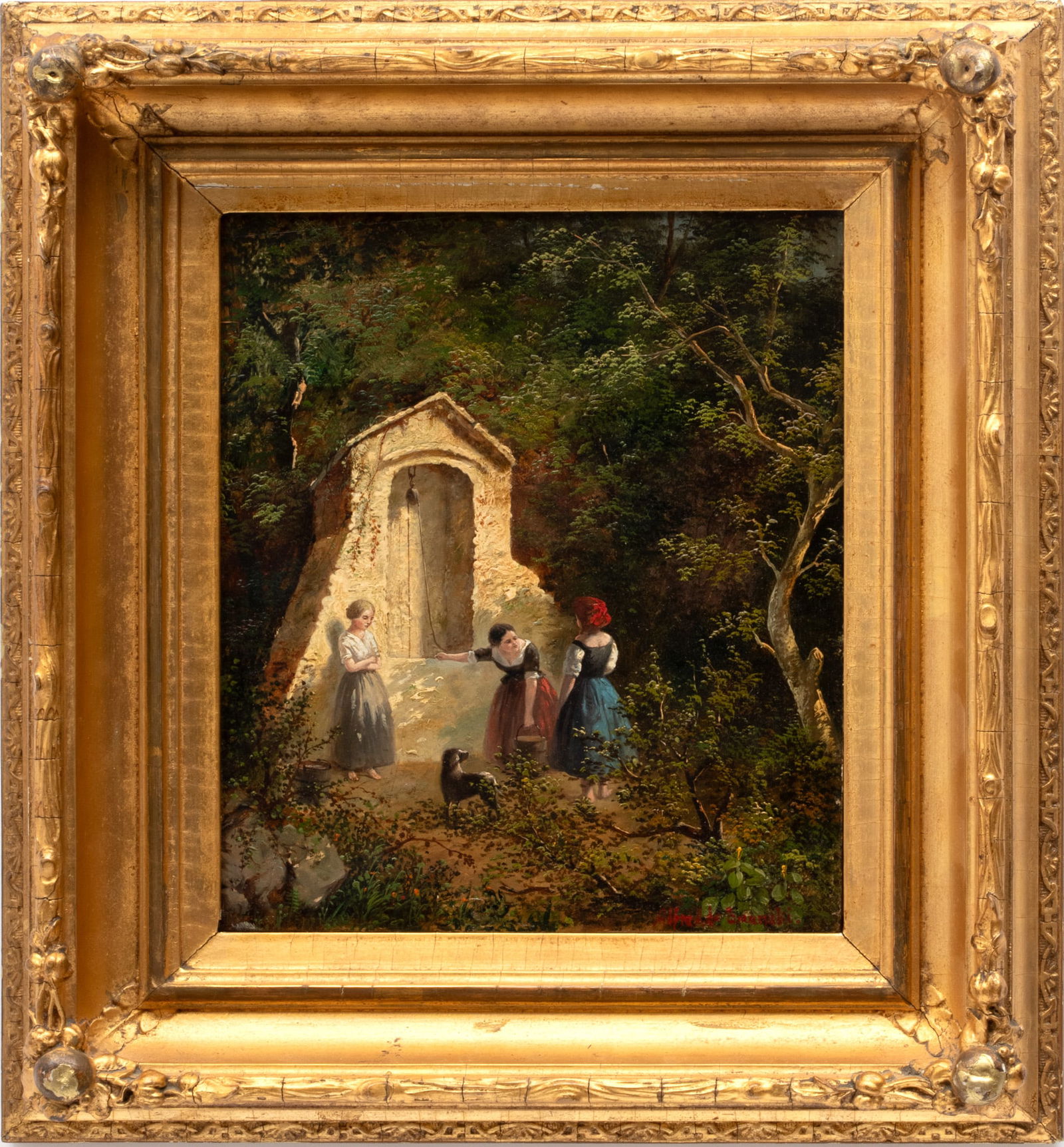 A. De Breanski Jr., Oil on Wood Panel "Children at the Well", H 9.5" W 8" (1 of 4)