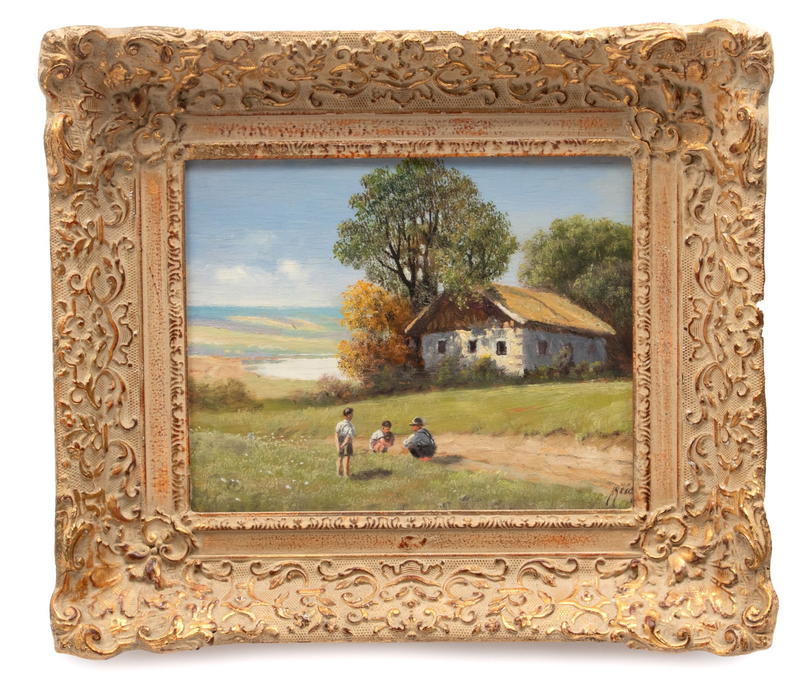 Alois Reichl (Austrian, B. 1864) Oil on Canvas, "Children in Landscape", H 8" W 9.5" (1 of 5)