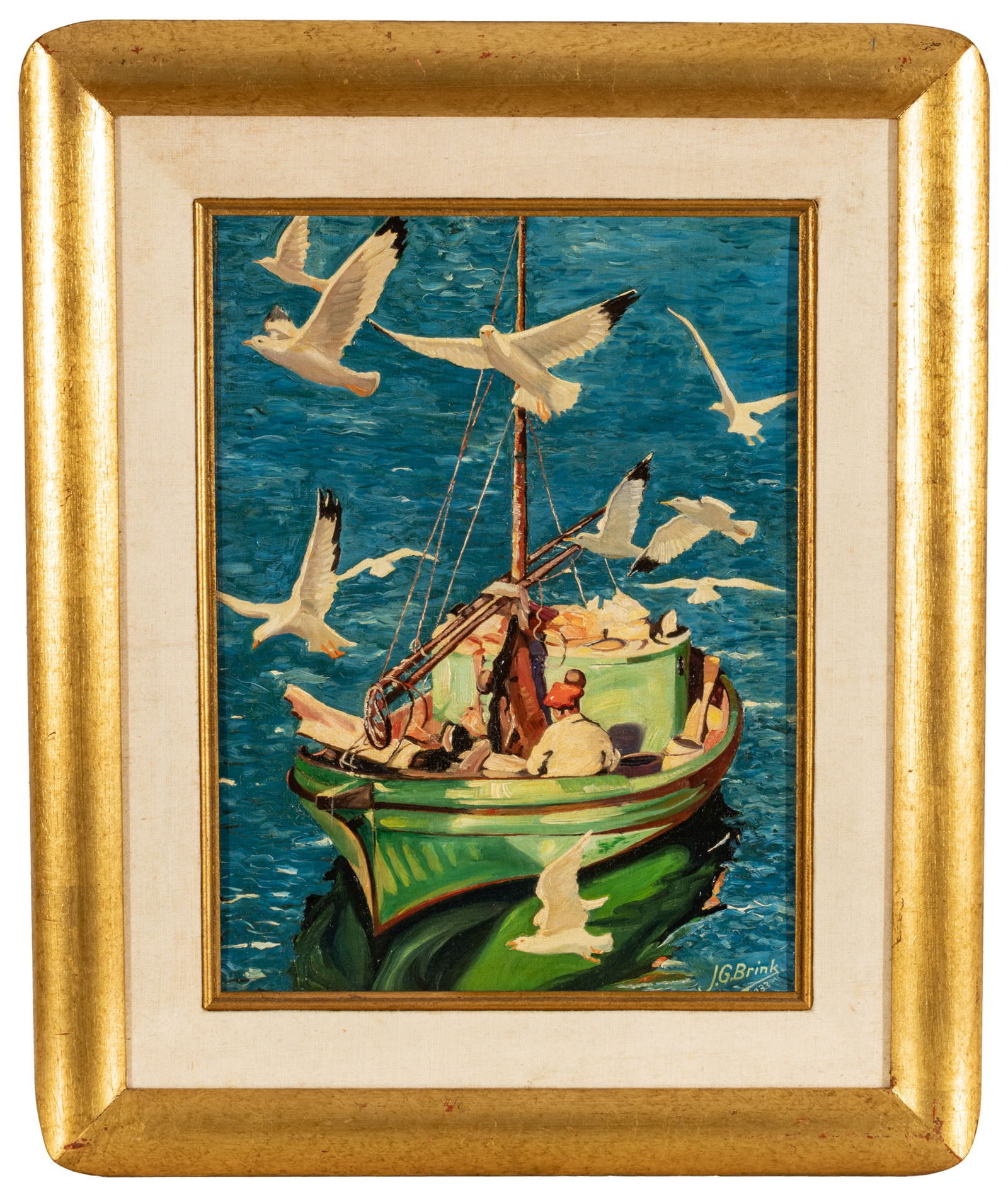 John G. Brink (American) Oil on Canvasboard, November 1933, "Sea Gulls I", H 16" W 12" (1 of 6)