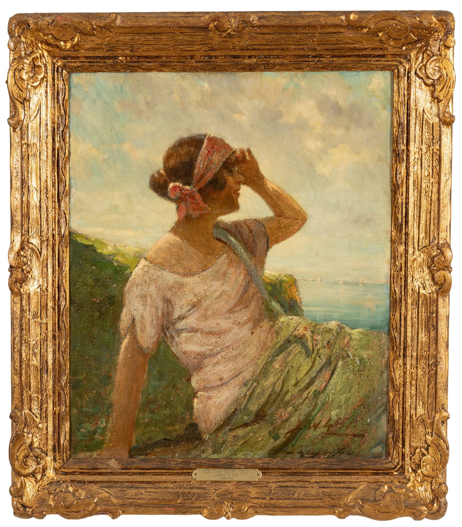 Joseph Gies (American, 1860-1935) Oil on Artist Board, Ca. 1922, "On the Cliff", H 17" W 14" (1 of 5)