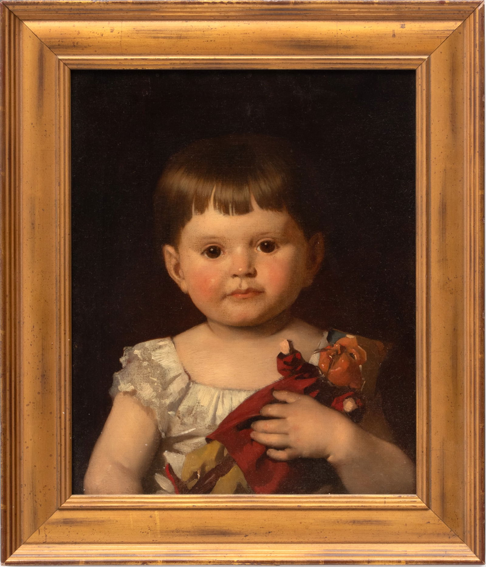 European School Oil on Canvas, 19th C., "Portrait of a Young Girl with Doll", H 17.5" W 14" (1 of 3)